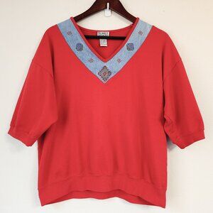 Vtg Koret City Blues Embroidered Women V Neck Short Sleeve Sz L Retro Look Boho